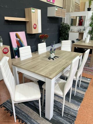 Mesa comedor con 6 sillas blancas