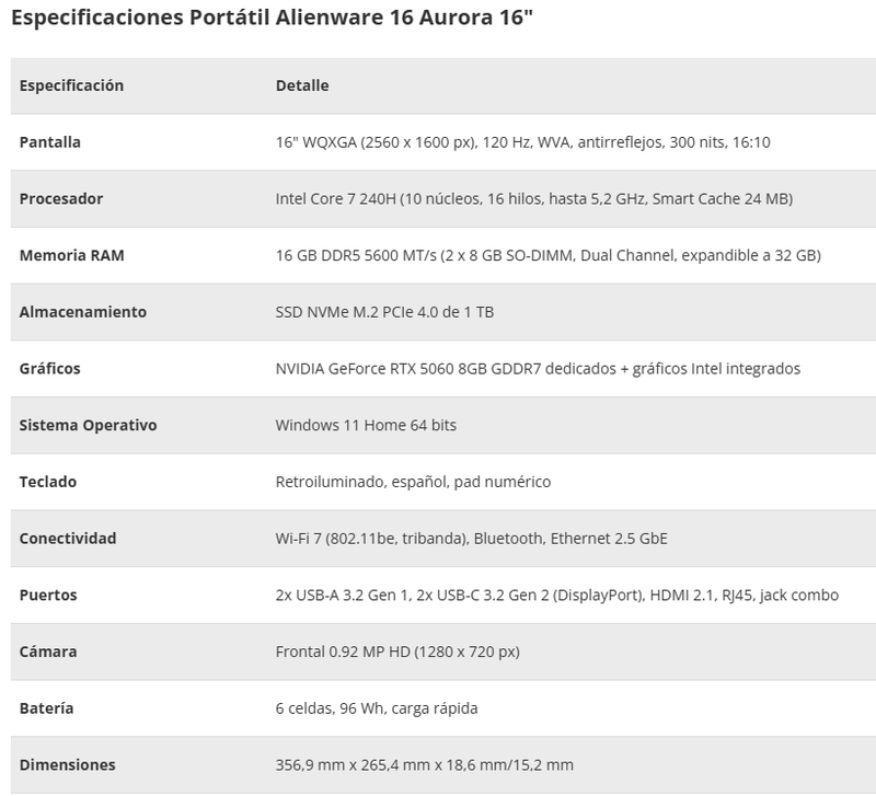 PORTATIL ALIENWARE 16 AURORA CORE 7-240H RTX 5060 afbeelding 5