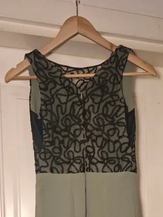 Abito Cerimonia Verde Salvia con Pizzo Nero Tg 42