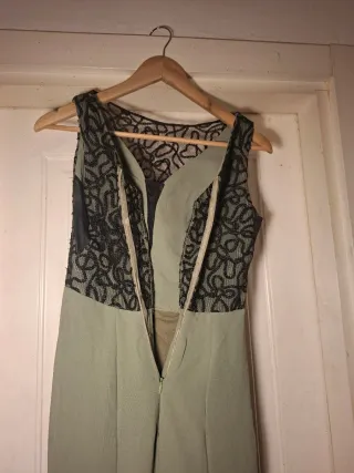 Abito Cerimonia Verde Salvia con Pizzo Nero Tg 42