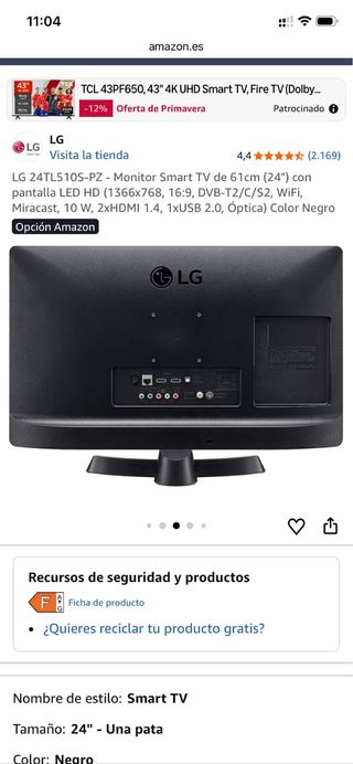 TELEVISION MONITOR LG 24TL510S 61 cm