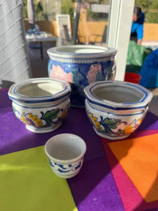 Macetero Cerámica Azul y Rosa Flores