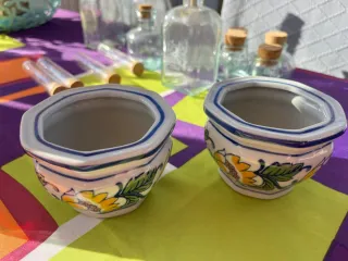 Macetero Cerámica Azul y Rosa Flores