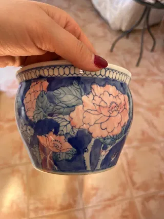 Macetero Cerámica Azul y Rosa Flores