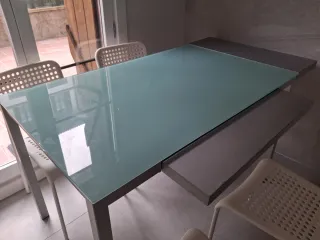 Mesa cocina cristal patas inox + 4 sillas