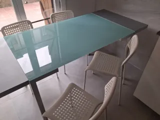 Mesa cocina cristal patas inox + 4 sillas