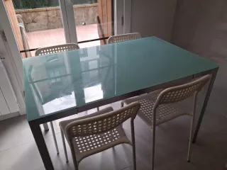 Mesa cocina cristal patas inox + 4 sillas