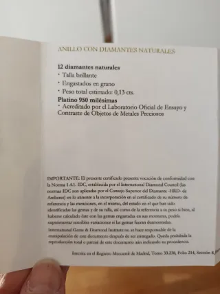Anillo Platino Diamantes Talla 16, sin estrenar