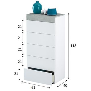 Cómoda 5 cajones blanco y cemento