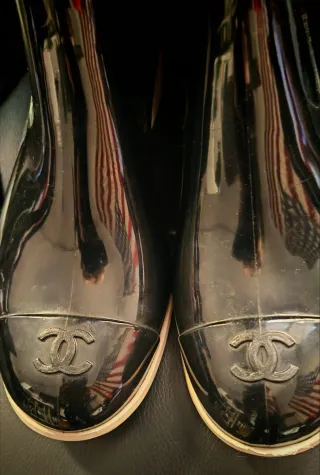 Stivali Gomma Chanel Neri Tacco Bianco