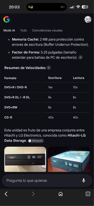 Grabadora DVD RW LG Interna