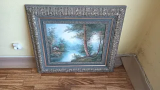 Cuadro antiguo paisaje río y casa