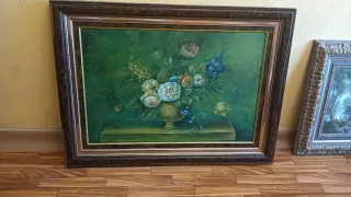 Cuadro antiguo paisaje río y casa