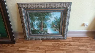 Cuadro antiguo paisaje río y casa