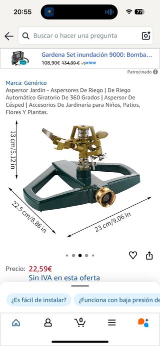 Aspersor riego agua 360º Jardinería