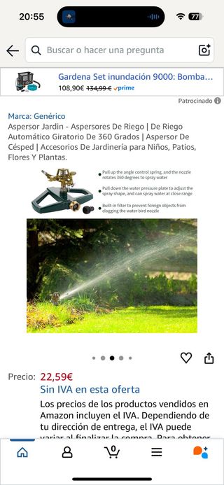 Aspersor riego agua 360º Jardinería
