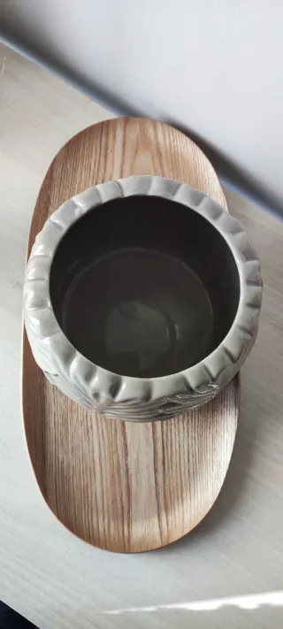NUEVA Maceta cerámica esmaltada hojas taupé