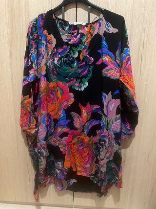 Vestido Zara Estampado Flores Negro Multicolor