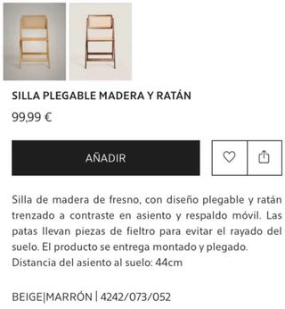 Silla plegable Zara Home madera ratán +cojín