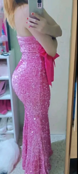 Vestido sirena largo rosa con lentejuelas lazo. XS