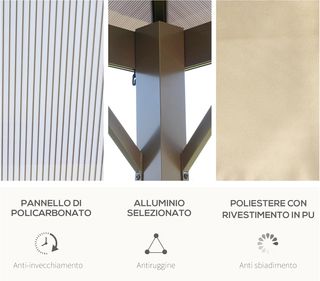 Gazebo da Giardino 3x3M con Tetto in Policarbonato e Zanzariere, Struttura in Alluminio, Caffè e Cachi