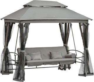 Dondolino da 3 Posti con Letto Singolo, Gazebo, Zanzariera e Cuscini 256X172X248Cm Grigio Scuro