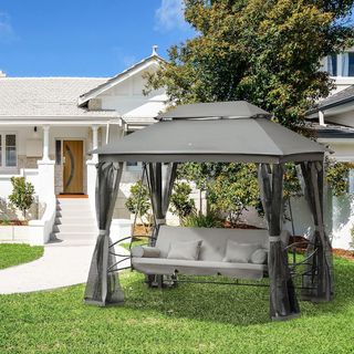 Dondolino da 3 Posti con Letto Singolo, Gazebo, Zanzariera e Cuscini 256X172X248Cm Grigio Scuro