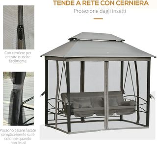Dondolino da 3 Posti con Letto Singolo, Gazebo, Zanzariera e Cuscini 256X172X248Cm Grigio Scuro