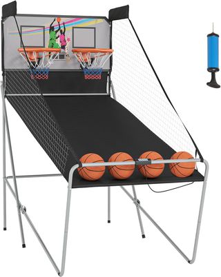 Canestro da Basket con Pannello LED, Pompa, 2 Cestini, 4 Palloni e 8 Modalità di Gioco, Macchina da Basket Elettronica in Acciaio, Tela Oxford, MDF, 205X110X205 Cm, Bianco e Nero