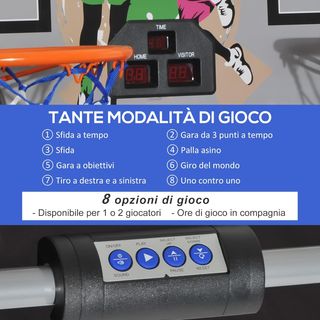 Canestro da Basket con Pannello LED, Pompa, 2 Cestini, 4 Palloni e 8 Modalità di Gioco, Macchina da Basket Elettronica in Acciaio, Tela Oxford, MDF, 205X110X205 Cm, Bianco e Nero