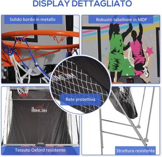 Canestro da Basket con Pannello LED, Pompa, 2 Cestini, 4 Palloni e 8 Modalità di Gioco, Macchina da Basket Elettronica in Acciaio, Tela Oxford, MDF, 205X110X205 Cm, Bianco e Nero