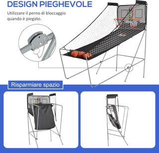Canestro da Basket con Pannello LED, Pompa, 2 Cestini, 4 Palloni e 8 Modalità di Gioco, Macchina da Basket Elettronica in Acciaio, Tela Oxford, MDF, 205X110X205 Cm, Bianco e Nero