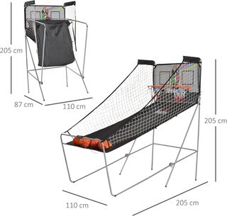 Canestro da Basket con Pannello LED, Pompa, 2 Cestini, 4 Palloni e 8 Modalità di Gioco, Macchina da Basket Elettronica in Acciaio, Tela Oxford, MDF, 205X110X205 Cm, Bianco e Nero