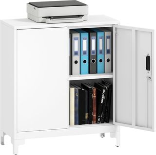 Armadio per Documenti in Metallo con Serratura a Chiave, Armadio Ufficio con 2 Porte e 2 Ripiani, Mobile Portadocumenti, per Casa Studio Ufficio Garage, 80X35X91 Cm, Bianco