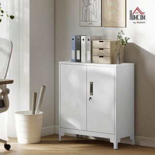 Armadio per Documenti in Metallo con Serratura a Chiave, Armadio Ufficio con 2 Porte e 2 Ripiani, Mobile Portadocumenti, per Casa Studio Ufficio Garage, 80X35X91 Cm, Bianco