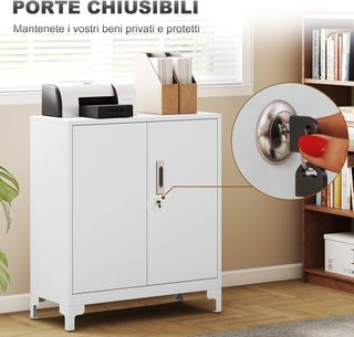 Armadio per Documenti in Metallo con Serratura a Chiave, Armadio Ufficio con 2 Porte e 2 Ripiani, Mobile Portadocumenti, per Casa Studio Ufficio Garage, 80X35X91 Cm, Bianco