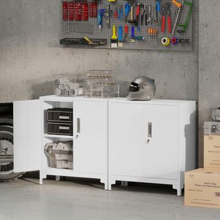 Armadio per Documenti in Metallo con Serratura a Chiave, Armadio Ufficio con 2 Porte e 2 Ripiani, Mobile Portadocumenti, per Casa Studio Ufficio Garage, 80X35X91 Cm, Bianco