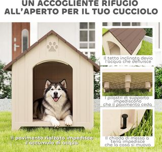 Caseta para Perros de Exterior, Tamaño Grande y XL, Casa para Perros de Plástico Impermeable con Base Elevada, Ventanas y Techo Inclinado para Jardín, Patio, Terraza, Casa, 102X94X103 Cm, Beige