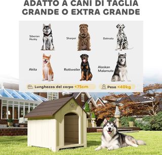 Caseta para Perros de Exterior, Tamaño Grande y XL, Casa para Perros de Plástico Impermeable con Base Elevada, Ventanas y Techo Inclinado para Jardín, Patio, Terraza, Casa, 102X94X103 Cm, Beige