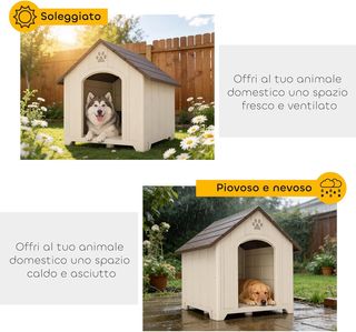 Caseta para Perros de Exterior, Tamaño Grande y XL, Casa para Perros de Plástico Impermeable con Base Elevada, Ventanas y Techo Inclinado para Jardín, Patio, Terraza, Casa, 102X94X103 Cm, Beige