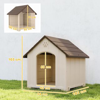 Caseta para Perros de Exterior, Tamaño Grande y XL, Casa para Perros de Plástico Impermeable con Base Elevada, Ventanas y Techo Inclinado para Jardín, Patio, Terraza, Casa, 102X94X103 Cm, Beige