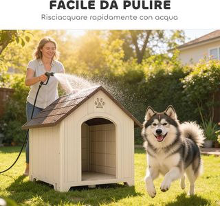 Caseta para Perros de Exterior, Tamaño Grande y XL, Casa para Perros de Plástico Impermeable con Base Elevada, Ventanas y Techo Inclinado para Jardín, Patio, Terraza, Casa, 102X94X103 Cm, Beige
