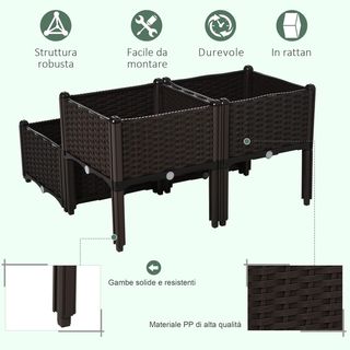 Set di 4 Vasi da Esterno Autoirriganti Elevabili Letto da Giardino per Fiori Effetto Rattan in PP, Marrone