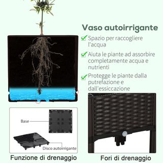 Set di 4 Vasi da Esterno Autoirriganti Elevabili Letto da Giardino per Fiori Effetto Rattan in PP, Marrone