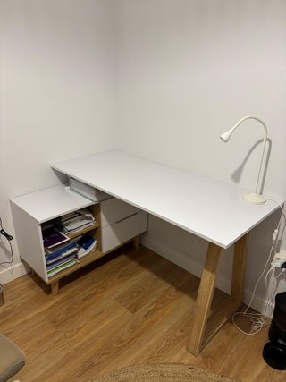 Escritorio Nautica, Blanco y madera con cajones