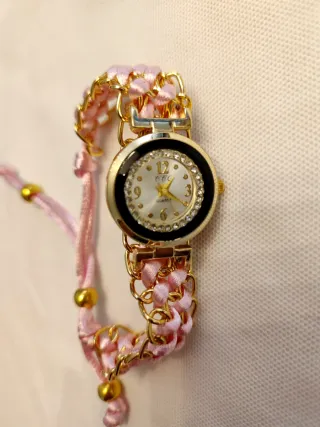 Relógio de senhora quartz novo dourado e rosa