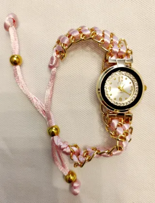 Relógio de senhora quartz novo dourado e rosa