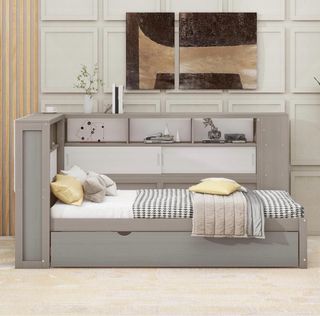 Dormitorio juvenil 2 camas gris y blanco