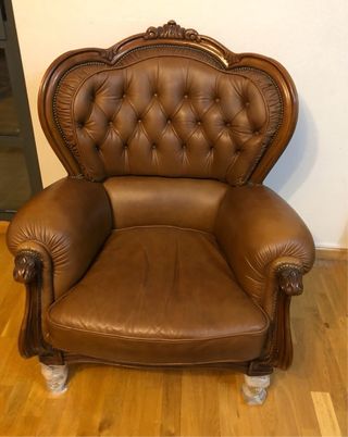 Sofá y sillón Luis XV piel marrón