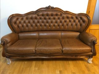Sofá y sillón Luis XV piel marrón